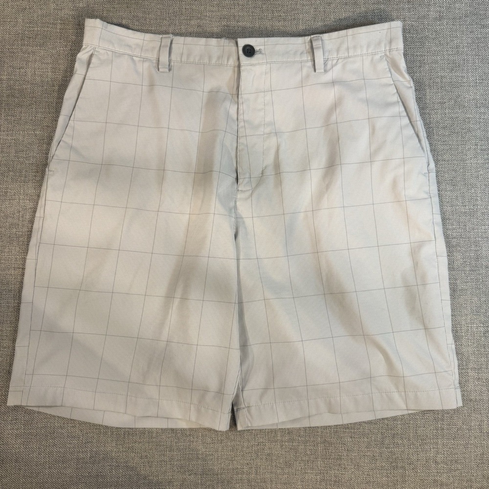Chaps Golf Shorts Men's 34 Beige Plaid Windowpane Stretch Flat Front